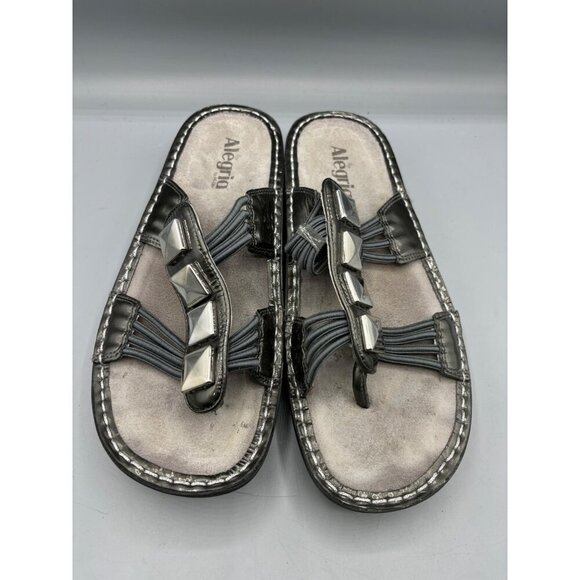 Alegria PIS-123 Womens Leather Thong Sandals Studs Size 40 Silver Black - Picture 2 of 6